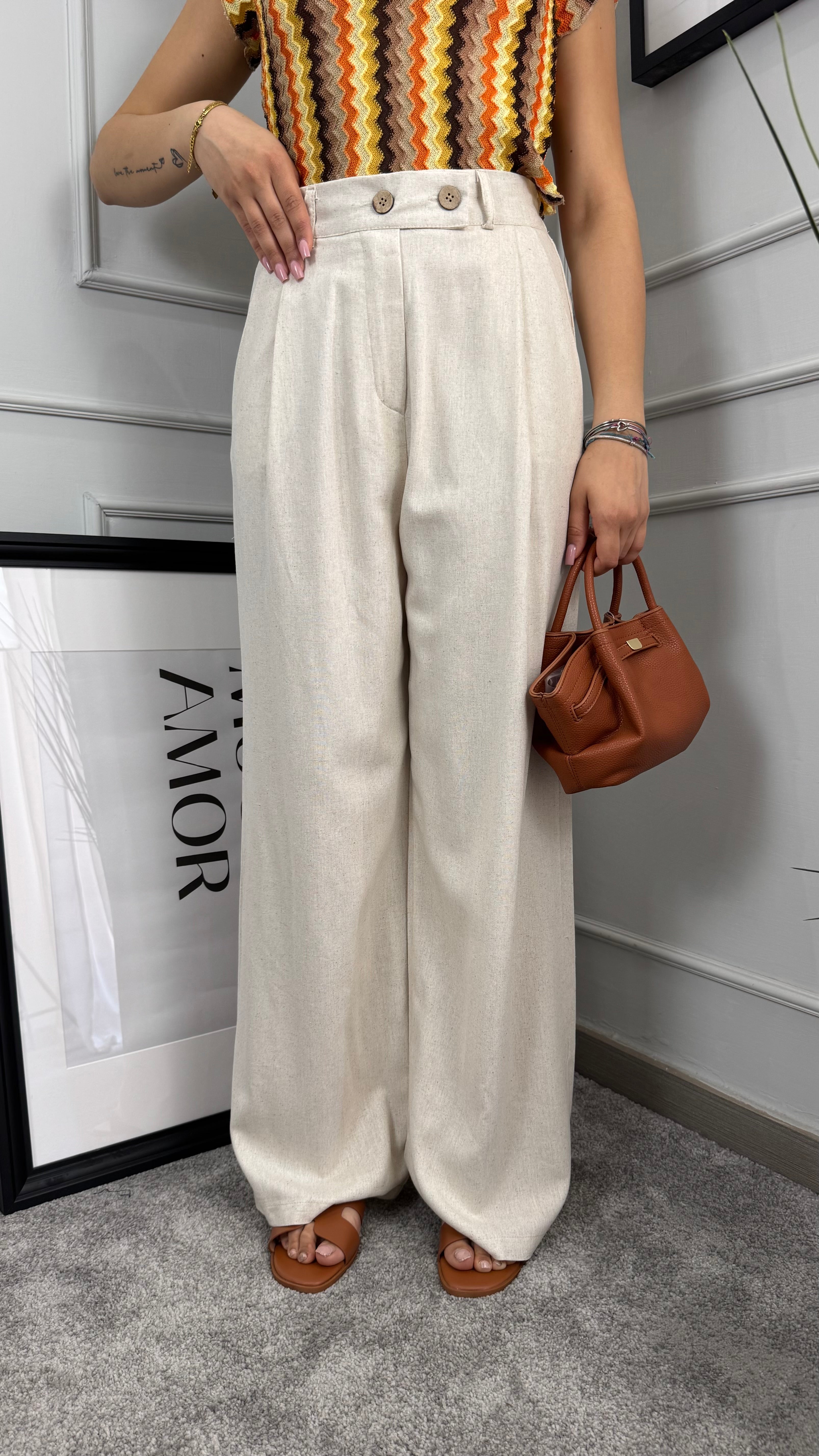 Pantaloni misto lino cream