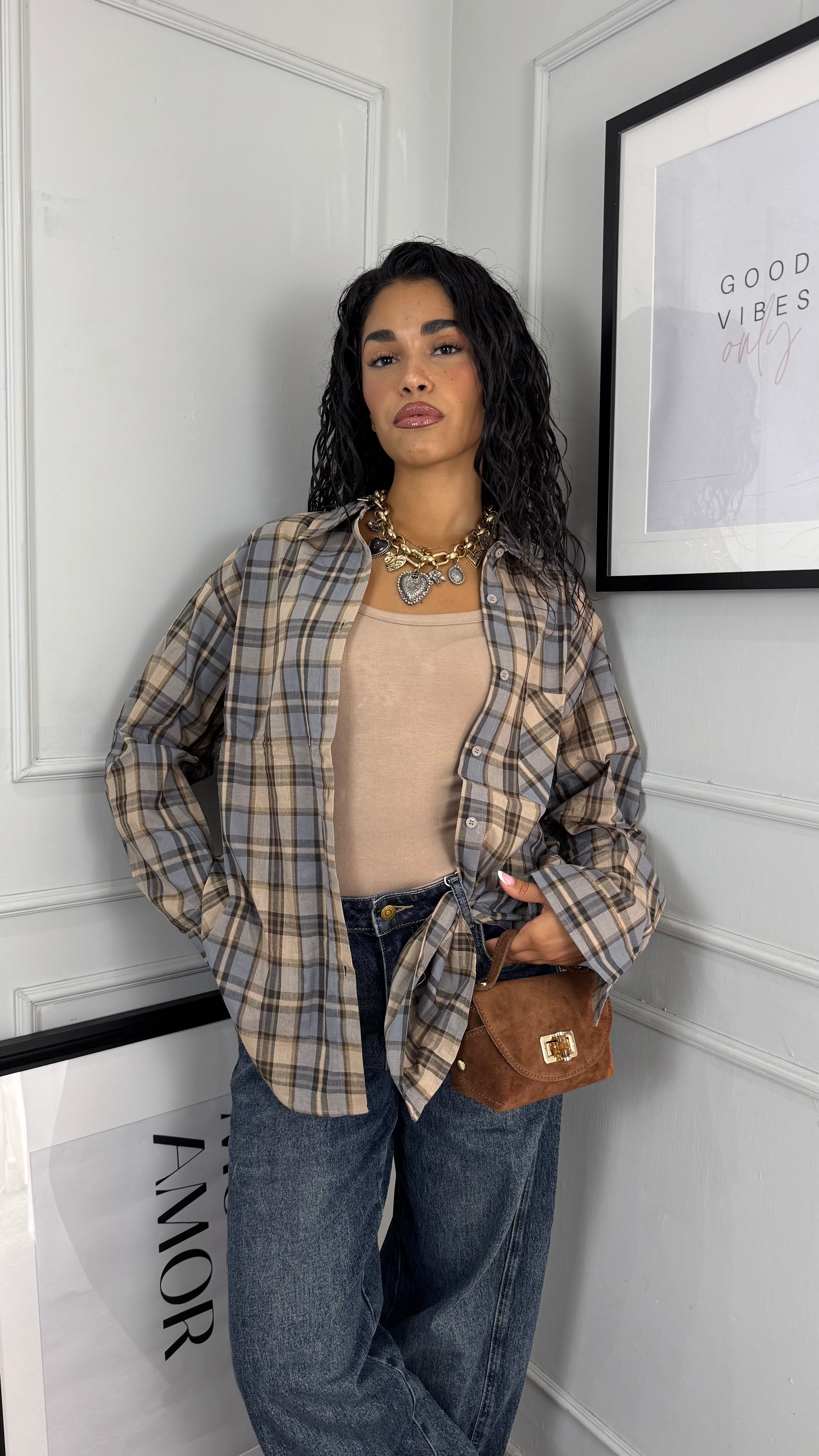 Camicia a quadri beige