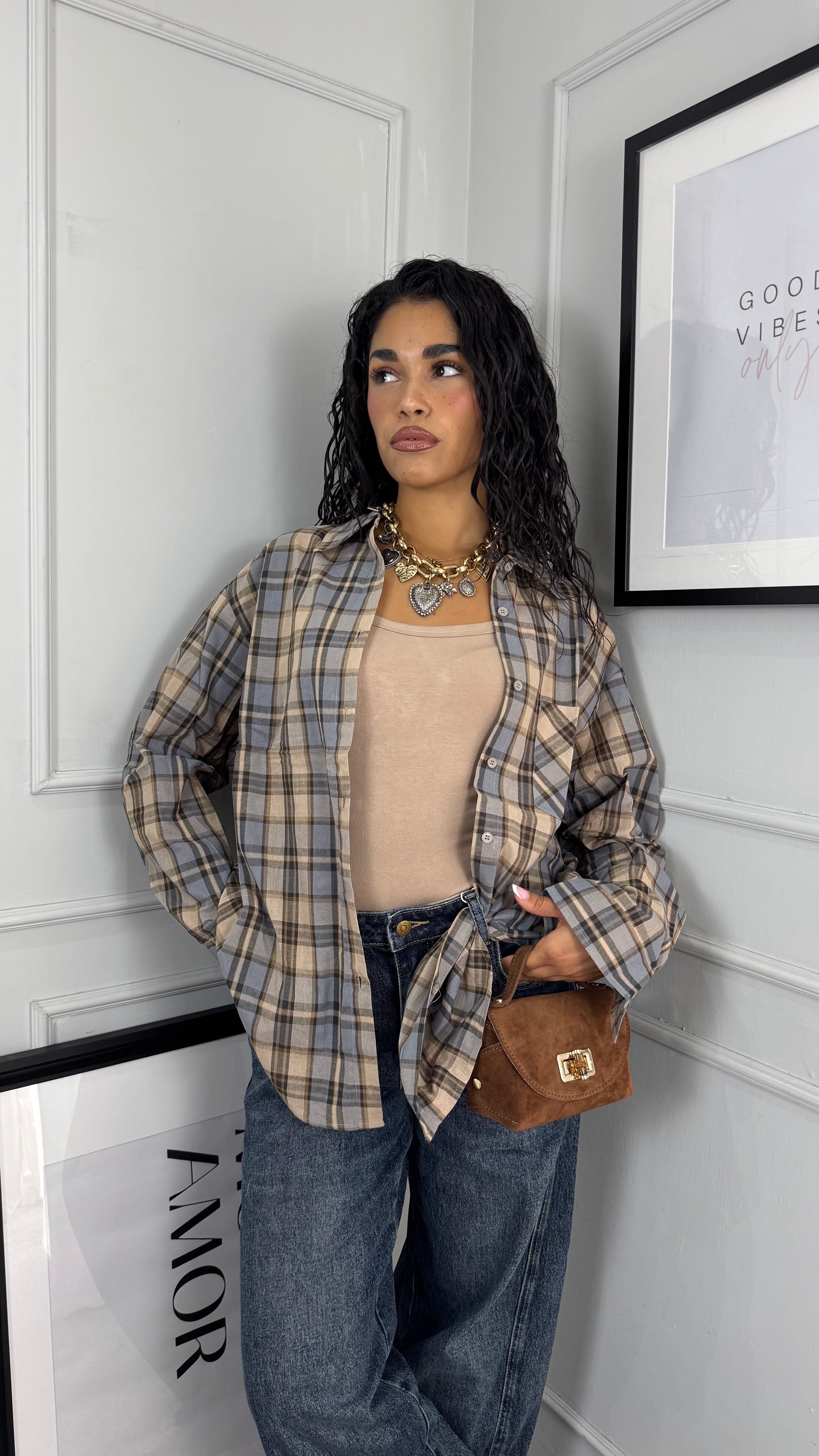 Camicia a quadri beige